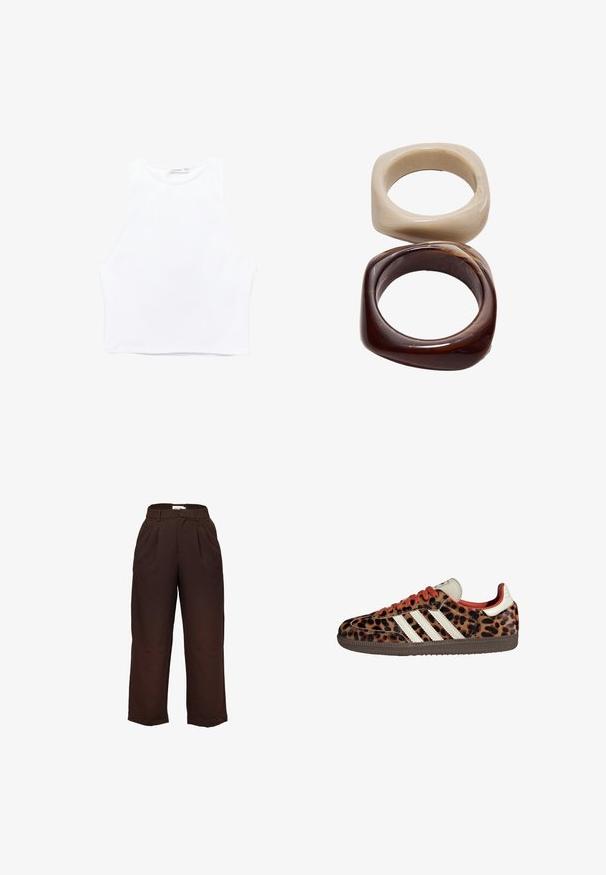 Witte, korte tanktop gemaakt van een gladde stof. Beschikt over brede armsgaten, een ronde halslijn en schone randen zonder zichtbare patronen of versieringen.; Hoge taille, donkerbruine wijde broek met riemlussen en voorplooien, weergegeven tegen een witte achtergrond.; Leopardprint sneakers van suède met rode veters en drie witte strepen aan de zijkant. Bevat een crèmekleurige tong en een bruine zool.; Stradivarius SET - Armband - dark brown