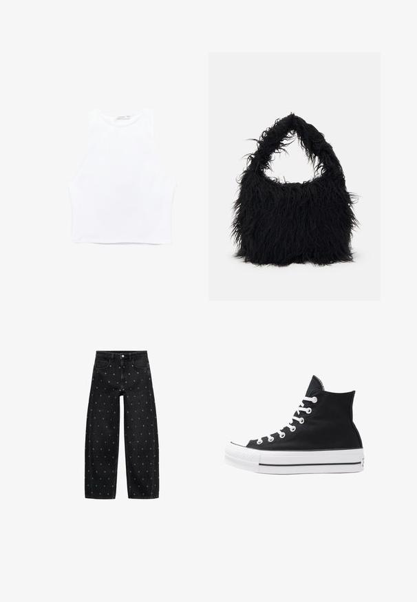 Hvid cropped tanktop lavet af glat stof. Har brede armhuller, en rund halsudskæring og rene kanter uden synlige mønstre eller udsmykninger.; Sorte denim bredbuks med et mønster af små sølvøjer, med et klassisk fem-lomme design og knaplukning foran.; Højtop sort lærredssko med hvide øjetter, snørebånd og gummisål. Har en tekstureret tåhætte og sorte og hvide stribe-accenter.; Even&Odd Shopping bags - black