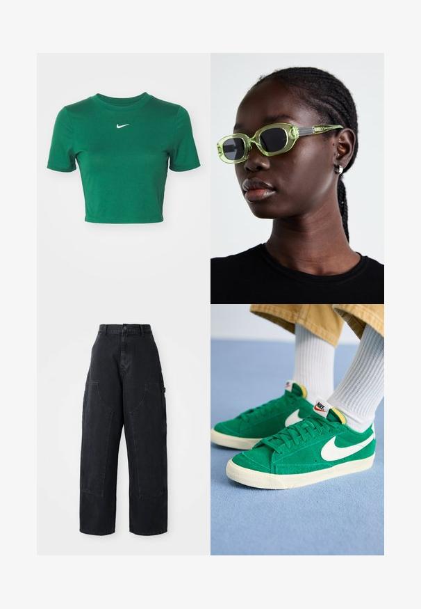 Nike Sportswear Tricou basic - gorge green; Pantaloni cargo din denim negru, cu croială largă și talie înaltă, două buzunare mari în față și închidere cu nasture la talie. Textură netedă, design casual.; Adidași verzi din suede cu swoosh-ul alb Nike, talpă din cauciuc și guler căptușit. Suprafață texturată cu șireturi plate și accente de culoare vibrante.; Ochelari de soare cu tentă verde, cu o ramă subțire și rectangulară și lentile întunecate; brațe gri texturate cu branding. Piele netedă și o cămașă neagră.