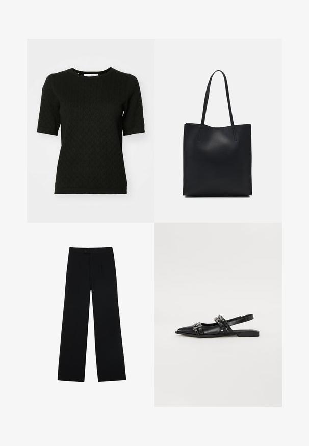Fekete, rövid ujjú top, texturált gyémántmintával, kerek nyakkivágással és bordázott mandzsettával. Puha kötött anyagból készült.; Fekete, bő szárú nadrág sima anyagból, elülső gombzárral és két pliszírozással a részletek hangsúlyozásáért. Összességében szabott dizájn.; Even&Odd Sarokpántos balerina cipők - black; Fekete bőrtáska sima felszínnel, téglalap alakú, két hosszú füllel. Nincs látható fémkiegészítő vagy díszítés.
