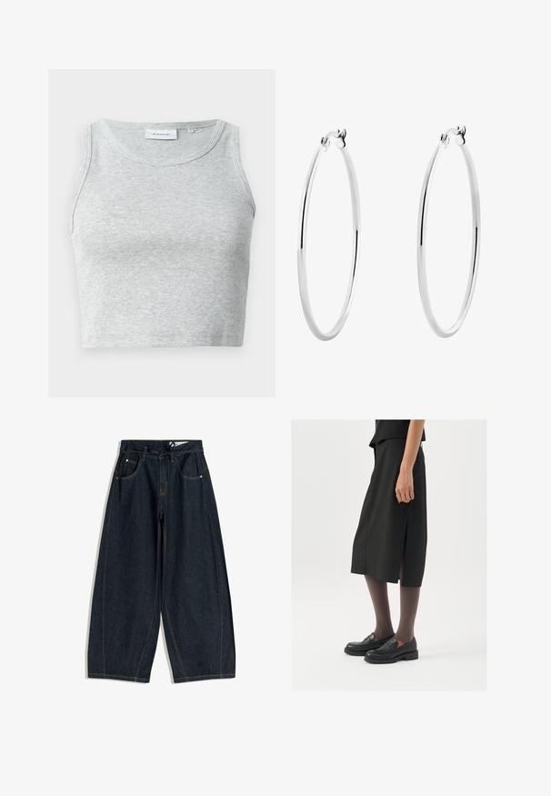 Sivi rebrasti top bez rukava s okruglim izrezom. Mekana tekstura i prilagođeni dizajn, pogodan za ležerne kombinacije ili slojevito oblikovanje.; Tamne tamne hlače širokog kroja od tamnog traper materijala s elastičnim pojasom, pet džepova i kontrastnim šavovima. Glatka tekstura i opušteni stil.; Crna suknja do koljena s bočnim prorezom, uparena s crnim loafericama i prozirnim smešnim čarapama, sa glatkom tkaninom i jednostavnim dizajnom.; Srebrne naušnice u obliku obruča s glatkom, poliranom završnom obradom i besprijekornim dizajnom, s zaobljenim rubovima i sigurnim kopčama.