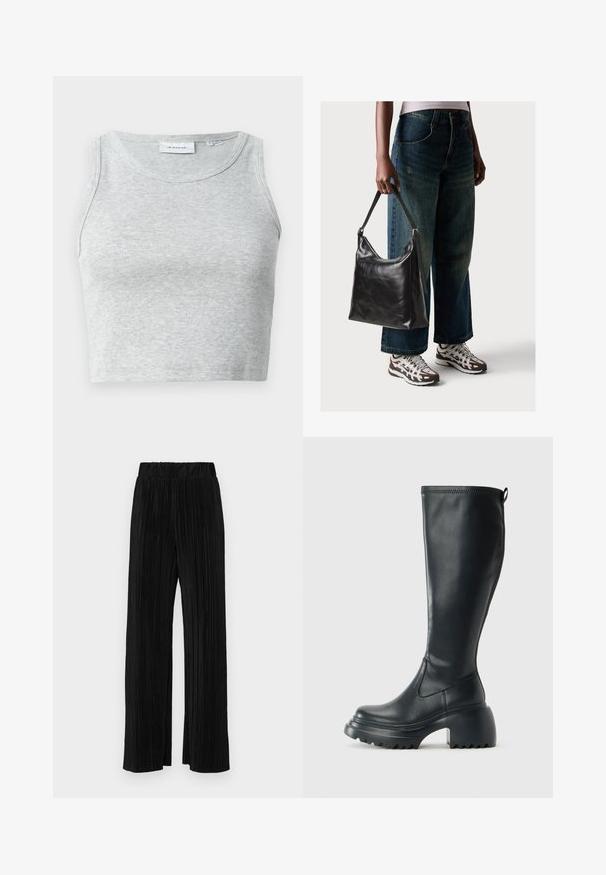Top tanque cinza com nervuras, gola redonda e sem mangas. Textura suave e design ajustado, adequado para opções casuais ou de sobreposição.; Calças pregueadas pretas com uma cintura elástica. Apresentam pernas largas e um tecido liso, texturizado com riscas verticais.; Bota preta de couro alta com sola de plataforma robusta e salto bloco, apresentando puxador e padrão texturizado na sola.; Bolsa de ombro em couro preto com textura suave e alça ajustável, combinada com jeans de perna larga desbotados e ténis desportivos.