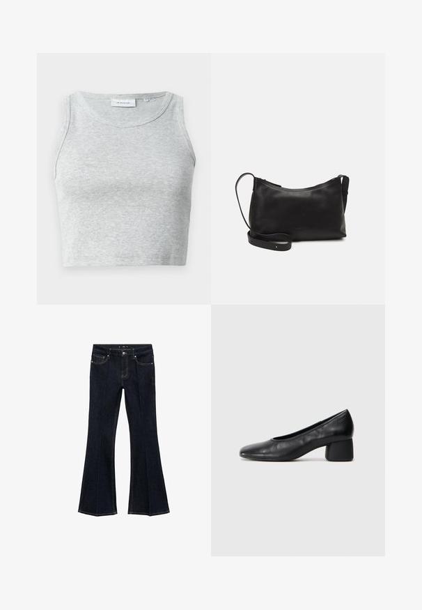 Gray ribbed tank top with a round neckline and no sleeves. Soft texture and fitted design, suitable for casual or layering options.; Dark blue denim jeans with high waist, front pockets, and flared wide legs, displayed flat on a white background.; Black leather pump with a rounded toe and mid-block heel. Smooth texture with minimal detailing, featuring a subtle elastic opening.; Black leather shoulder bag with a smooth texture, curved shape, adjustable strap, and a zip closure. Minimalist design without embellishments.