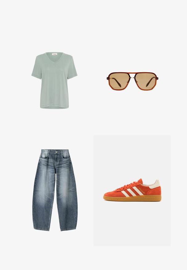 Kortärmad T-shirt med V-ringning i ljus mintgrön. Tillverkad av mjukt tyg med en subtil glans, med minimala sömnadsdetaljer.; Vidjeans i ljusblå denim med blekningar, som har en femficksdesign, knappgylf och minimala sömnadsdetaljer.; Orange mockaimula sneakers med vita läderdetaljer, med tre vita ränder och en gummisula. "Spezial"-logotyp på tungan.; Bruna oktagonala solglasögon med en transparent amberbåge och brunt tonade linser. Har en metalldetalj vid näsbroen och slanka bögar.; Brun mockaklädsväska med två rundade handtag, guldfärgad hårdvara, en liten etikett och en slät dragkedjestängning. Har subtila sömnadsdetaljer.