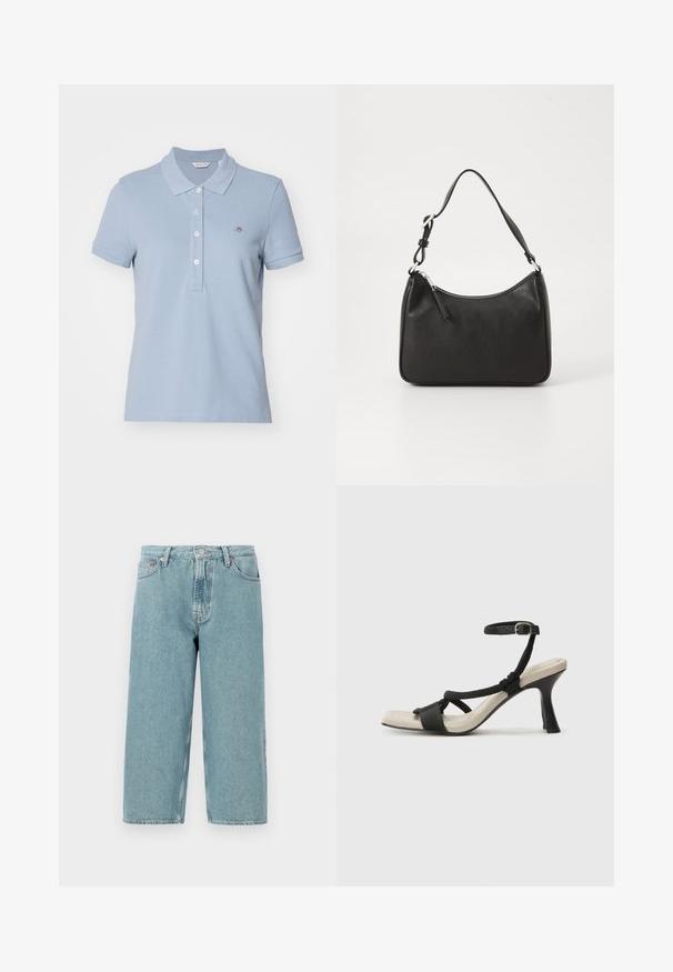GANT SLIM SHEILD CAP SLEEVE - Polo marškinėliai - dove blue; Šviesiai mėlynos džinsinės šortai su aukštu liemeniu, tiesiu kirpimu ir neapdorotu kraštu. Yra klasikinis sagtys ir užtrauktukas, keturios kišenės.; Juodų aukštakulnių sandalų su pintu dirželiu dizainas, kvadratine nosimi ir reguliuojamu kulkšnies dirželiu. Šviesiai bežė padas su blizgiu juodu kulnu.; Juoda odinė rankinė su išlenkta forma, viena dirželiu, užtrauktuko uždarymu ir subtiliu ženklinimu priekyje. Lygus paviršius, minimalistinis dizainas.