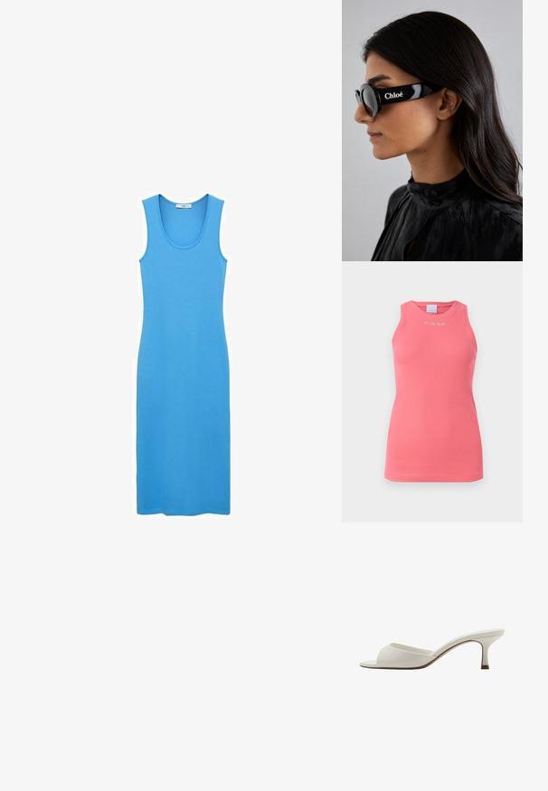 Top fără mâneci, de culoare roz, cu fante ribbed și guler rotund, având un mic logo alb "PINKO" centrat pe piept.; Rochie bleu tip tank, realizată dintr-un material neted și elastic, cu decolteu rotund și o croială strânsă, până la gleznă. Fără modele vizibile sau accesorii.; Mule-uri albe cu vârf deschis, cu toc înalt, cu un finisaj neted, design minimalist și un toc subțire, având un accent subtil de culoare maroniu pe talpă.; Ochelari de soare negri cu lentile rotunde și rame îndrăznețe, unghiulare, având marca "Chloé" în alb pe lateral. Finisaj neted și lucios.