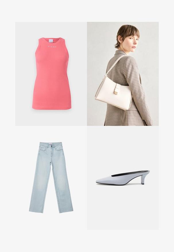 Ružov majica bez rukava z ribanim dizajnom in okroglim ovratnikom, s majhnim belim logotipom "PINKO" na sredini prsnega dela.; Svetlo modri široki kavbojke izdenima. Imajo pet žepov, gumbasto zaponko in zbledela podrobnost. Klasičen naravnost kroj s prostornim prileganjem.; Svetlo modre lakirane mule s poudarjenim nosom, nizkim prozornim petam in elegantnim dizajnom z izrezom na sprednjem delu.; Bela usnjena torba s strukturirano zasnovo, opremljena z magnetnim zapiranjem in naramnico, prikazana na nevtralni ozadju.