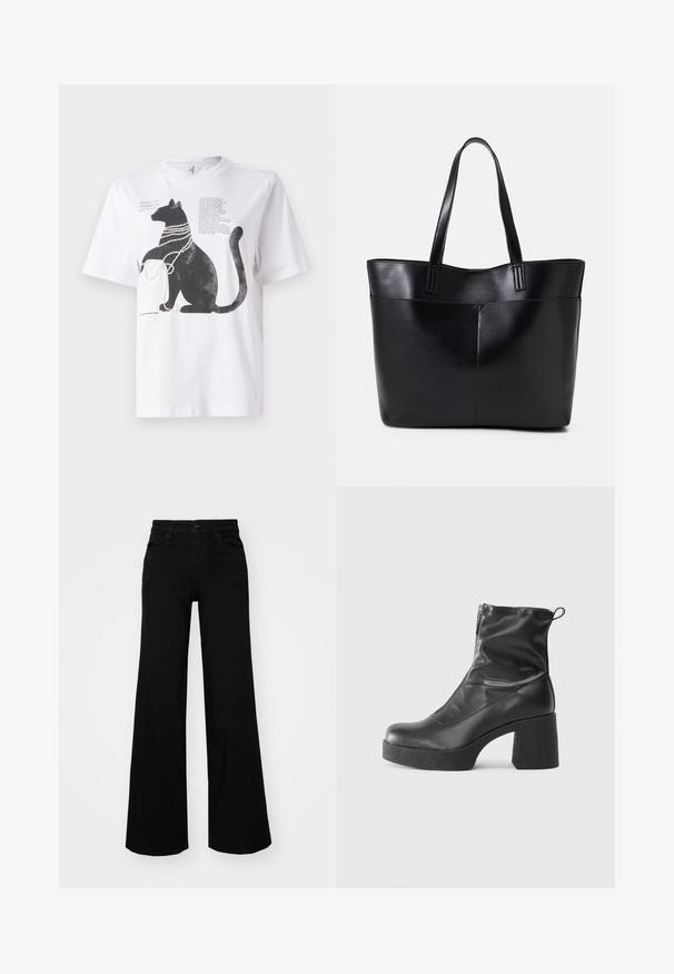 Bijela majica s grafikom crnog mačka ukrašenog perlama, uz tekst otisnut u gornjem lijevom kutu.; Crne široke traperice s čvrstim pojasom, petljama za remen i prednjim džepovima. Gladak teksturirani materijal s klasičnim dizajnom.; Crne gležnjače od glatke kože, s bočnim zatvaračem, debelim teksturiranim potplatom i dizajnom s zaobljenim prstima.; Crna kožna torba s dugim ručkama, glatkom teksturom i strukturiranim oblikom. Ima prednju džep za dodatno pohranu.