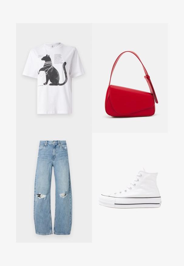 Bijela majica s grafikom crnog mačka ukrašenog perlama, uz tekst otisnut u gornjem lijevom kutu.; Svijetloplave, visoko-strukirane traperice. Imaju široke nogavice, dva razderana područja na koljenima i klasičan stil s pet džepova.; Bijela visoka platnena tenisica s crnom gumenom potplatom, prednjim gumenim zaštitnikom prstiju i šest rupa za vezanje, s čistim, minimalističkim dizajnom.; Crvena kožna torba s kutnim, geometrijskim dizajnom. Ima jedan podesivi remen i preklopni zatvarač sa šivenim detaljima.