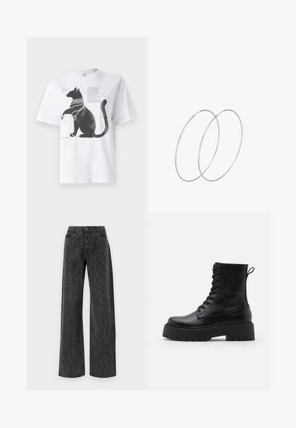 T-shirt bianco con una grafica di un gatto nero decorata con perline simili a perle, accompagnata da un testo stampato sul lato sinistro superiore.; Noisy May NMJANNEL LOOSE - Jeans baggy - black denim; Stivaletti in pelle nera alla caviglia con punta rotonda, lace-up frontale e suola in gomma spessa con battistrada textured. Tassello sul retro.; Orecchini a cerchio in argento con un design minimalista. Forma circolare, superficie liscia e profilo sottile. Leggeri con una finitura lucida.