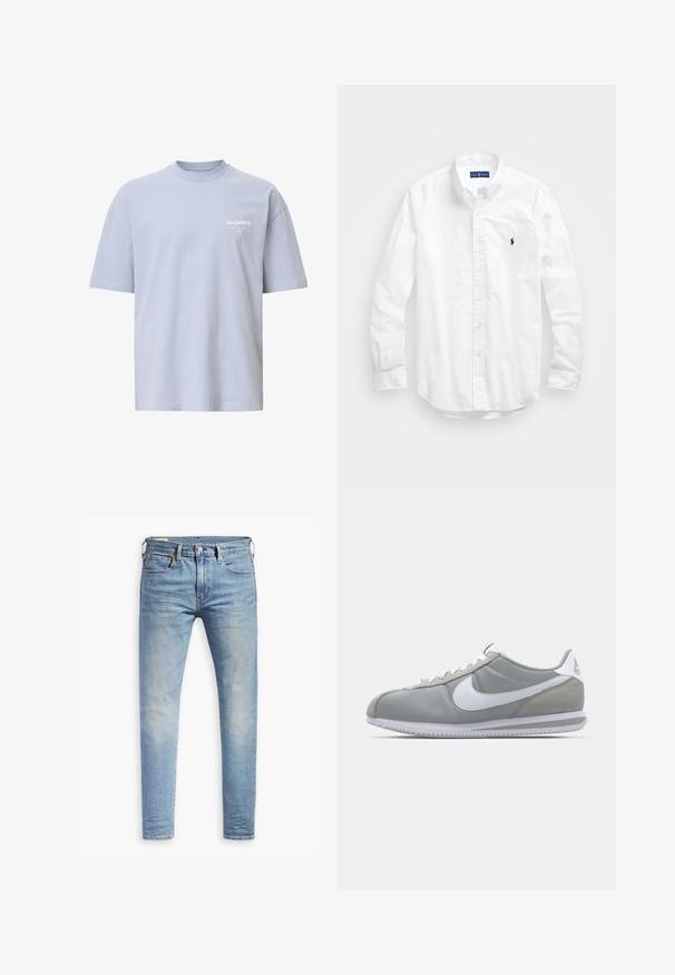 T-shirt de algodão azul claro com gola redonda, mangas curtas e um pequeno logotipo branco no peito. Apresenta um corte descontraído e um design simples.; Camisa de botões de manga longa branca em algodão. Apresenta um colarinho clássico, punhos com botão e um pequeno logótipo bordado em azul-marinho no peito.; Jeans slim fit em azul claro com leve desbotamento nas coxas, fecho frontal por botão, passantes para cinto e estilo de cinco bolsos sobre um fundo branco.; Sapatilha atlética cinza com um cabedal em camurça e têxtil, símbolo Nike branco e atacadores brancos. Apresenta uma sola de borracha texturizada e colarinho acolchoado.