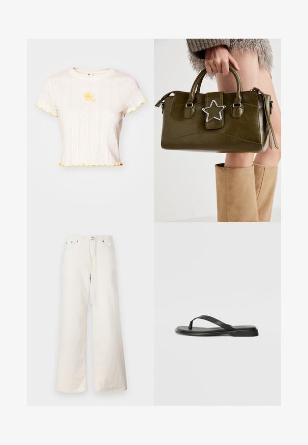 T-shirt branca de mangas curtas, com textura canelada, com bordas amarelas com franzido e bordado floral centrado no peito.; Calças de ganga brancas de perna larga com cordão na cintura, bolsos frontais e detalhes de costura subtil. Feitas de material de algodão resistente.; Chinelo preto feito de couro liso, com um design de tira fina e sola baixa com um perfil minimalista. Sem padrões ou acentos notáveis.; Bolsa de mão em pele sintética verde oliva com detalhe de estrela prateada, alças duplas e fecho com zip. Superfície texturizada e forma estruturada.