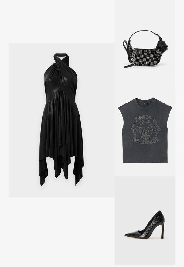 Ærmeløs grå T-shirt med rund hals, udstyret med metalnitter i et skaldet design og dekorativ tekst på forsiden. Blød stofstruktur.; Sort halterneck kjole med draperet design. Fremstillet af skinnende materiale, med en snoet halsudskæring og asymmetrisk fald. Glat tekstur.; Sorte spidse tå stiletto-sko i krokodilleskind med et strømlinet design, høj hæl og glat sort inderside.; Sort håndtaske med en struktureret overflade, prydet med sølvnitter og en kraftig sølv kædedyse. Har en slank, minimalistisk form.