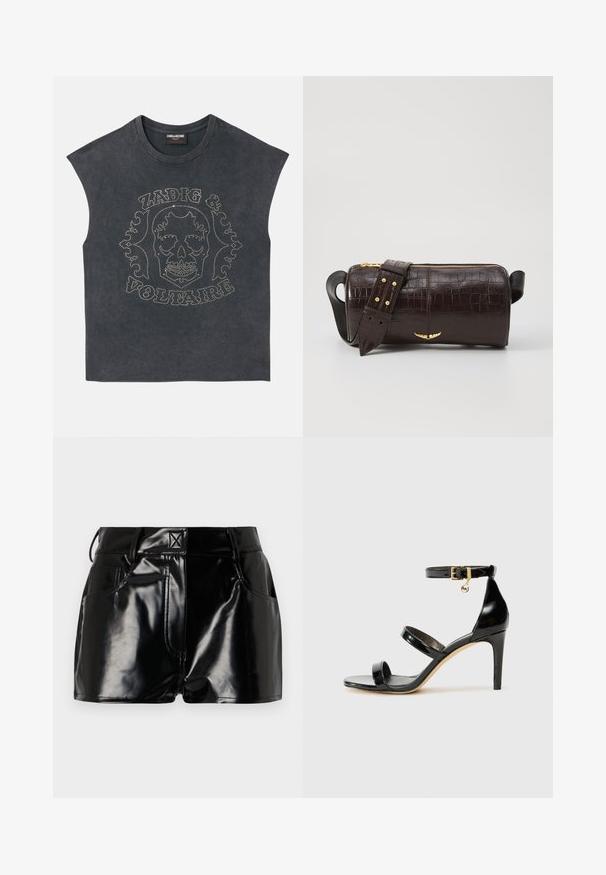 Mouwloos grijs T-shirt met een ronde hals, voorzien van metalen studs in een schedel- en decoratieve tekstontwerp aan de voorkant. Zachte stoftextuur.; Zwarte, glanzende shorts van synthetisch materiaal. Heeft een aansluitende taille, riemlussen en voorzakken met opvallende stikseldetails.; Zwarte gepatineerde leren sandaal met drie banden, enkelgesp en 10 cm hoge stiletto hak. Bevat gouden hardwaredetails en een logo charm.; Bruine krokodil-embosserende leren tas met een cilindervorm, gouden hardware en een afneembare schouderband met studs.