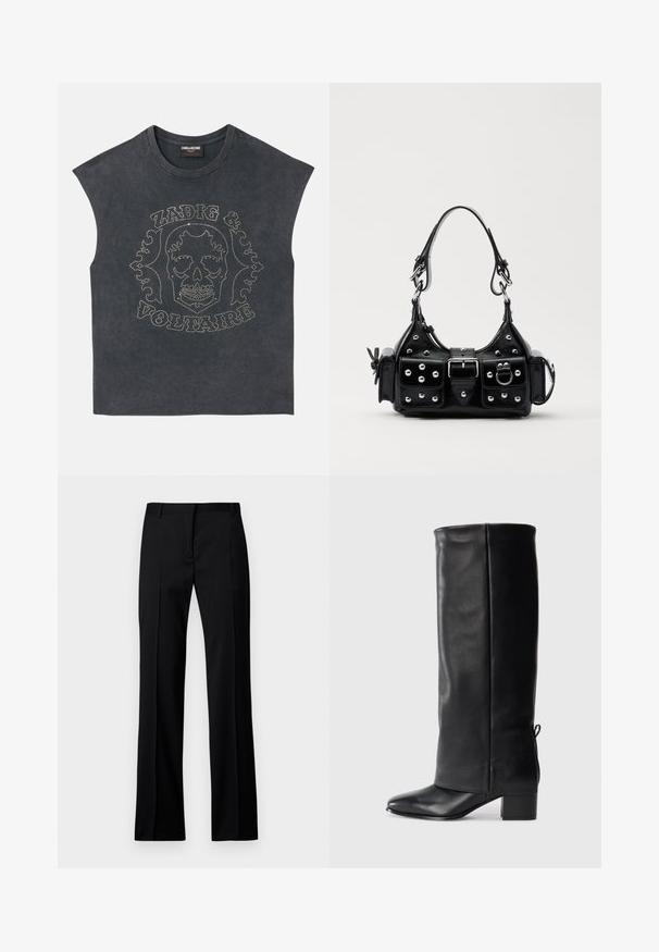 Sivi majica bez rukava s okruglim izrezom, s metalnim stožcima u obliku lubanje i dekorativnim tekstom na prednjoj strani. Mekana tekstura tkanine.; Crne ravne hlače od glatke tkanine, s ravnim prednjim dijelom, petljama za remen i bez vidljivih džepova ili ukrasa.; Crne kožne čizme do koljena s glatkom površinom, četvrtastim vrhom, blok petom i detaljem za vezanje sa strane koji omogućuje prilagodbu veličine.; Crna kožna torba s zakrivljenim dizajnom, koja sadrži srebrne zakovice, kopču i dva bočna džepa. Podesiva traka za različite opcije nošenja.