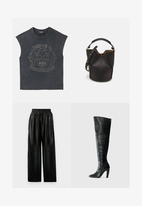 Hihata ilma varrukatega hall T-särk, millel ümmargune kaelus ja esiküljel metallist nupud kolju ja dekoratiivse tekstiga. Pehme kangast tekstuur.; Mustad nahast laiade säärega püksid elastse vöökohtaga, millel on kaks küljetaskut ja sile, läikiv pind.; Mustad nahast üle põlve saapad, millel on hästi istuv disain, terav nina ja kõrge konts. Sile tekstuur ja minimalistlik stiil.; Mustast nahkämbriga kott tekstuurses viimistluses, kuldsete metalldetailide aktsentidega ja avatud ülaosaga. Omab lühikest käepidet ja reguleeritavat õlavarre rihma.