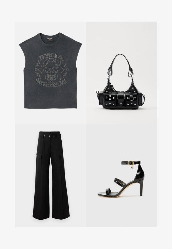 Mouwloos grijs T-shirt met een ronde hals, voorzien van metalen studs in een schedel- en decoratieve tekstontwerp aan de voorkant. Zachte stoftextuur.; Zwarte wijde broek met hoge tailleband, voorzien van grote zijzakken, twee knopen aan de voorkant en een lusdetail. Gemaakt van stevige stof.; Zwarte gepatineerde leren sandaal met drie banden, enkelgesp en 10 cm hoge stiletto hak. Bevat gouden hardwaredetails en een logo charm.; Zwarte lederen handtas met een gebogen ontwerp, voorzien van zilveren studs, een gesp en twee zijvakken. Verstelbare schouderband voor verschillende draagmogelijkheden.
