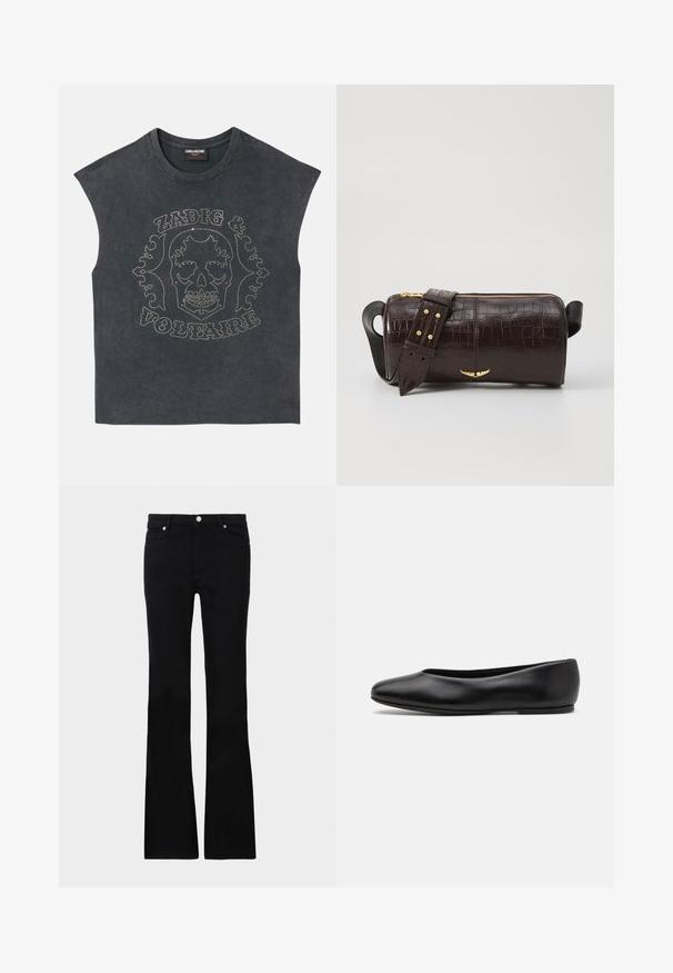 Beżowa bezrękawnikowa koszulka z okrągłym dekoltem, ozdobiona metalowymi ćwiekami w kształcie czaszki oraz dekoracyjnym napisem z przodu. Miękka struktura materiału.; Czarne dzwony z denimu, z dwoma przednimi kieszeniami, zapięciem na guzik i gładką fakturą. Widoczne charakterystyczne szycie na szwach.; Paul Smith TOPANGA czarny; Brązowa torba ze skóry z tłoczeniem krokodyla w kształcie cylindrycznym, z metalowymi elementami w kolorze złotym oraz odczepianym paskiem z ćwiekami.