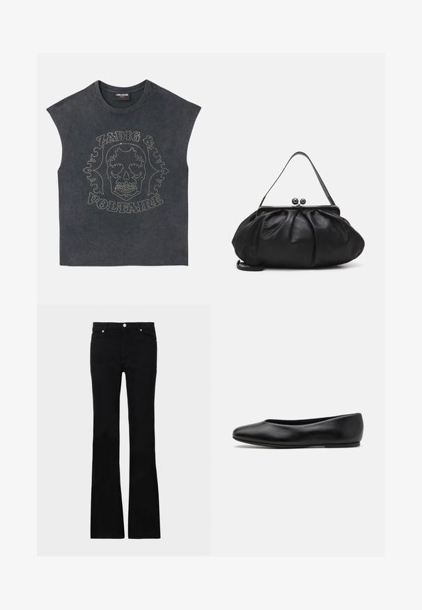 Sleeveless gray t-shirt with a crew neck, featuring metallic studs in a skull and decorative text design on the front. Soft fabric texture.; Black flared jeans made of denim, featuring two front pockets, a button closure, and a smooth texture. Signature stitching visible at seams.; Paul Smith TOPANGA - Ballet pumps - black; Black leather handbag with a rounded, pleated design. Features a metallic clasp with two decorative balls and a slim, detachable strap.