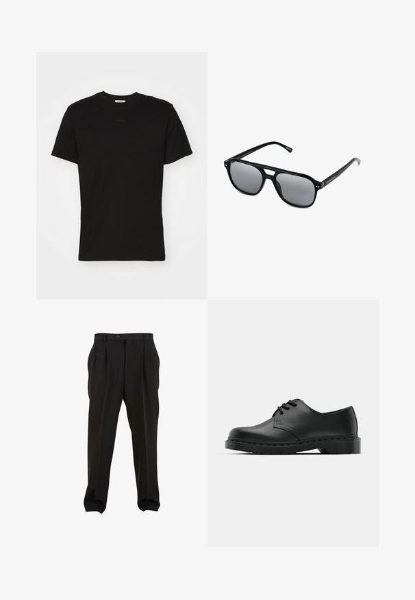 Musta puuvillainen T-paita klassisella pyöreällä kaula-aukolla, lyhyillä hihoilla ja hienovaraisella brändäyksellä edessä. Sileä rakenne, ei kuvioita.; Mustat housut sileällä kankaalla, etupuolelta laskostetut, napilla varustettu vyötärö ja kapenevat nilkkaleikat. Klassinen hyvin istuva siluetti.; Musta nahkainen oxford-kengät, joissa on nauhakiinnitys, pyöreä kärki, litteä kumipohja ja hillitty ompelutaito yläosassa.; Mustat aurinkolasit suorakulmaisilla kehyksillä, harmaasävyisillä linsseillä ja siltaleikkauksella. Tyylikäs, kiiltävä muovimateriaali, kapeilla temppeleillä.