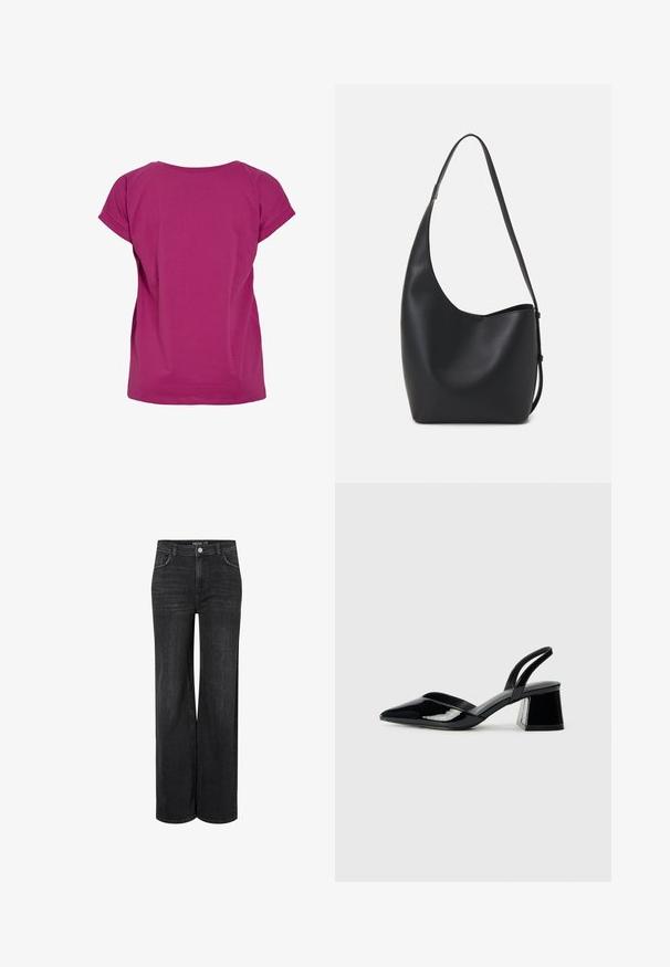 VILA VIDREAMERS NEW NOOS - T-shirt básica - festival fuchsia; Jeans de denim preto de perna larga com um design clássico de cinco bolsos, fecho frontal com botão e detalhes de costura discretos.; Sandy em verniz preto com salto slingback, ponta afilada e salto geométrico. Apresenta um design elegante e minimalista com textura suave.; Saco hobo preto em pele com uma textura lisa, forma curva e uma única alça ajustável; apresenta uma abertura larga na parte de cima.