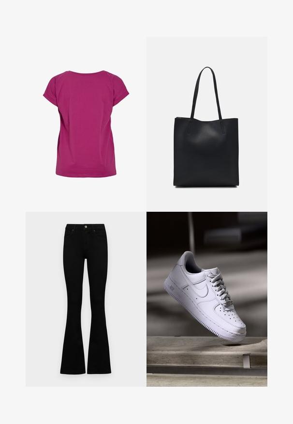 VILA VIDREAMERS NEW NOOS - Paprasti marškinėliai - festival fuchsia; Juodos aukšto liemens džinsai su mygtuku ir užtrauktuku, priekinėmis kišenėmis ir platėjančiomis kojomis, išdėstyti ant baltos fono.; Nike Sportswear AIR FORCE 1 07 - Sportbačiai - white; Juodas odinis tote krepšys su lygia tekstūra, stačiakampio formos ir dviem ilgais rankenomis. Matomų metalinių detalių ar puošybos nėra.