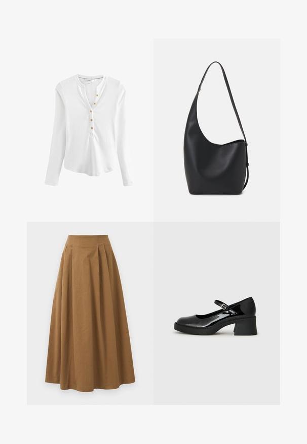 Langärmliges weißes Henley-Shirt aus geripptem Stoff, mit einem V-Ausschnitt und fünf Knöpfen in goldfarbener Optik entlang der Knopfleiste.; Brauner Baumwoll-A-Linien-Rock mit hoher Taille, der vorne Falten aufweist und eine glatte Textur hat. Der Saum ist sauber und einfach verarbeitet.; Schwarze Lackleder-Mary-Jane-Schuhe mit runder Zehenform, verstellbarem Riemen und klobigem quadratischen Absatz. Mit strukturiertem Sohlenprofil.; Schwarze Leder-Hobo-Tasche mit einer glatten Textur, geschwungener Form und einem einzelnen verstellbaren Tragegurt; verfügt über eine weite Öffnung am oberen Ende.