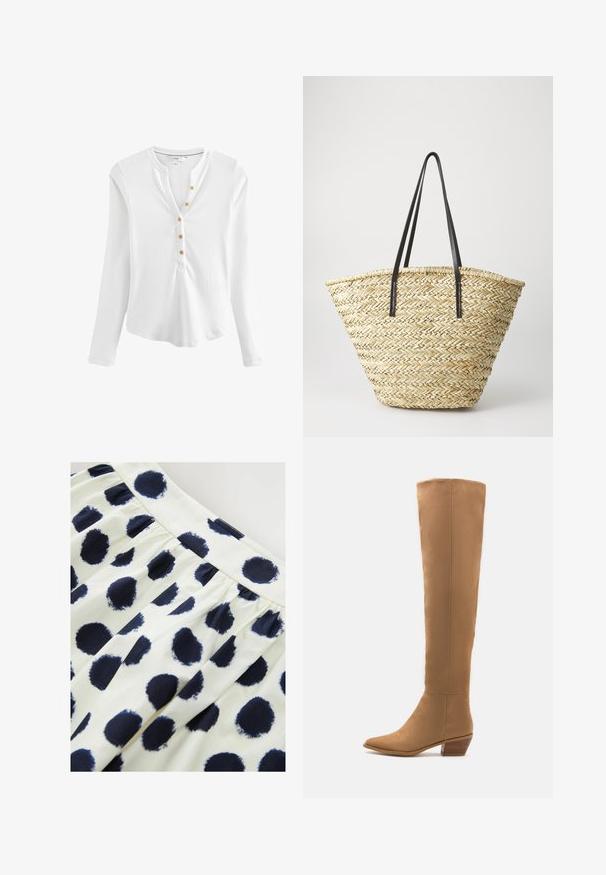 Langärmliges weißes Henley-Shirt aus geripptem Stoff, mit einem V-Ausschnitt und fünf Knöpfen in goldfarbener Optik entlang der Knopfleiste.; Weißer Stoffrock mit navyblauen runden Pünktchen. Der Rock hat eine geraffte Taille und eine glatte Textur.; Knöchelhohe, tanfarbene Stiefel aus einem glatten Material mit einer spitzen Zehe und einem niedrigen, gestuften Absatz. Schlichtes Design, ohne sichtbare Muster oder Akzente.; Geflochtene Strohtasche in breiter, sich verjüngender Form mit zwei schwarzen Ledergriffen. Natürliche beige Farbe mit strukturierter Oberfläche.