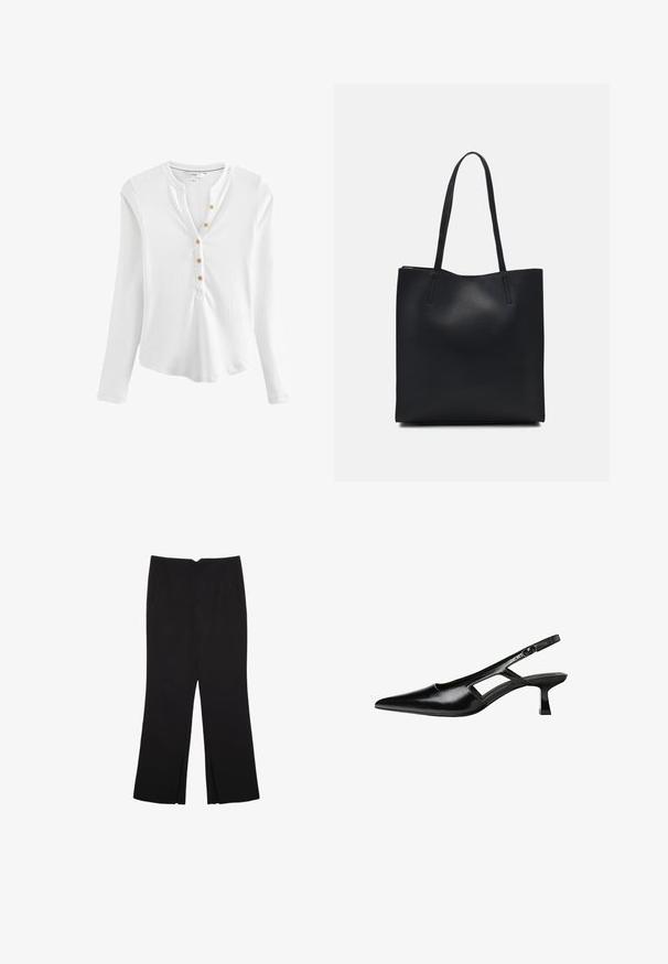 Langærmet hvid henley-skjorte lavet af ribbet stof, med V-hals og fem guldfarvede knapper langs knapstolpen.; Sorte bukser med lige pasform, der har frontlommer og slidser i kanten. Lavet af blødt, glat stof. Velegnet til forskellige anledninger.; Sorte patentlæder slingback hæle med spids tå, udskåret sideskærm og en lille firkantet hæl. Glat tekstur med minimale detaljer.; Sort læder tote taske med glat tekstur, rektangulær form og to lange hanke. Ingen synlig hardware eller udsmykninger.