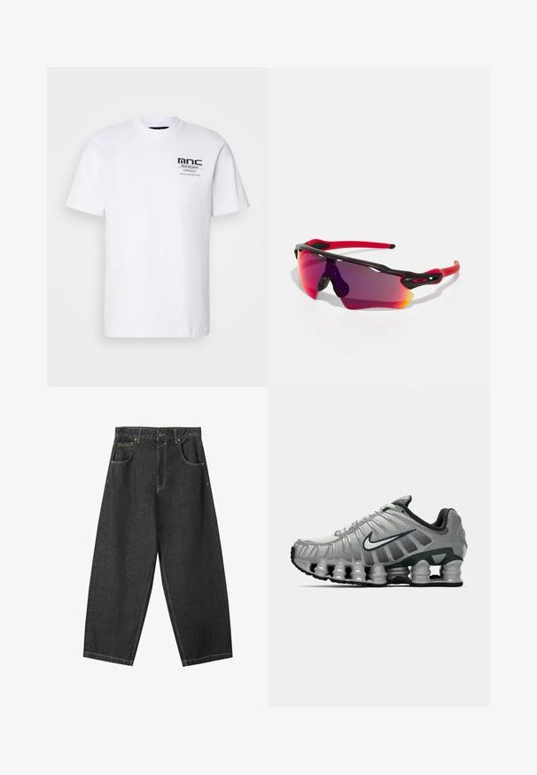 White short-sleeve t-shirt made of cotton. Features a black graphic print on the left chest with text and logo. Classic round neckline.; Black denim wide-leg pants with yellow stitching, five-pocket design, and a mid-rise waistband. Textured fabric with a smooth finish.; Grey and black Nike running shoe with visible spring-like cushioning under the sole and a white swoosh logo on the side.; Oakley RADAR PATH UNISEX - Sunglasses - 100t matte black