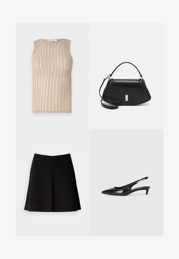 Beige sleeveless top with vertical ribbed texture, featuring a round neckline and a subtle shiny effect throughout the fabric.; Black flared skirt made from soft fabric, featuring a fitted waistband and seam detailing. Smooth texture with a simple, classic design.; Black leather slingback heels with a pointed toe, featuring a slim heel and a gold-tone accent on the adjustable strap. Smooth texture.; Black leather handbag with a structured design, featuring a cropped shape, top handle, and gold hardware accent. Adjustable shoulder strap included.
