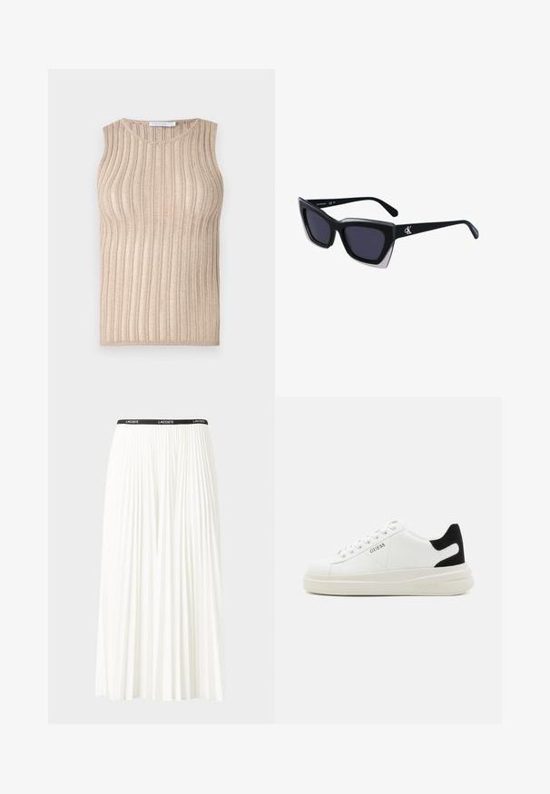 Top sin mangas en beige con textura de rayas verticales, que presenta un escote redondo y un ligero efecto brillante en toda la tela.; Falda blanca plisada con una cinturilla elástica negra que presenta el logotipo "LACOSTE". Diseño de longitud media con textura suave.; Zapatillas blancas de cuero con una suela blanca gruesa, acento en el talón de ante negro y logo grabado en el lateral. Diseño de cordones con seis ojales.; Gafas de sol negras de gran tamaño con una forma geométrica, que presentan lentes oscuros y un detalle gris contrastante en la montura. Logo en la pata.