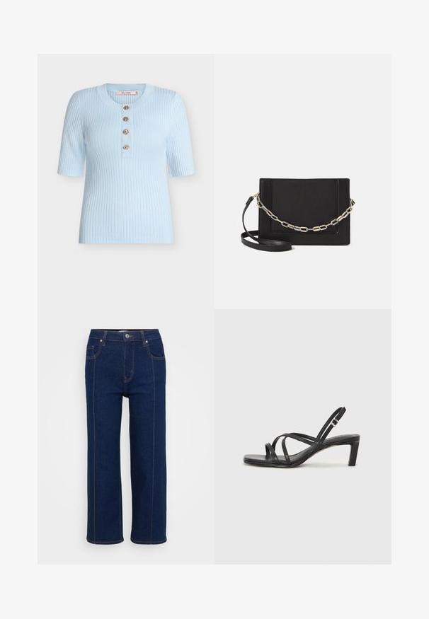 Light blue ribbed short-sleeve top with a round neckline, featuring five decorative buttons down the front and a fitted design.; Dark blue straight-leg jeans with button closure, front and back pockets, and visible orange stitching along seams.; Black strappy sandal with a square toe and a low block heel. Features multiple thin straps and an adjustable ankle strap. Made of smooth leather.; Black leather crossbody bag featuring a smooth texture, rectangular shape, and a metallic chain detail on the front. Adjustable strap included.