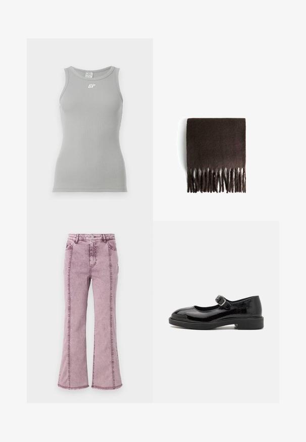 Harmaa ribbattu hihaton toppi, jossa on pyöreä pääntie. Edessä pieni valkoinen logo. Sujuva ja joustava kangas.; Violetti farkkukankaasta valmistetut leveälahkeiset farkut korkealla vyötäröllä, joissa on näkyvät saumat sivuilla ja raaka helma alareunassa.; Musta lakattu Mary Jane -kengät, joissa on pyöreä nilkka, säädettävä solkihihna, matala torni korko ja sileä kiiltävä pinta.; Ruskea villahuivi, jossa on pehmeä kangas, suorakulmainen muoto ja hapsutetut reunat. Materiaali näyttää lämpimältä ja mukavalta, suunniteltu käyttömukavuutta varten.