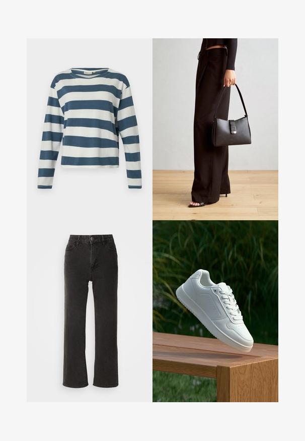 TOM TAILOR DENIM STRIPED WITH BUTTONS - Camiseta de manga larga - dusty blue/white; Vaqueros anchos negros de mezclilla, con cierre frontal de botón, trabillas para el cinturón y cinco bolsillos, con una textura ligeramente deslavada.; Zapatilla blanca con un upper sintético suave, caja de dedos perforada, cordones planos y una suela texturizada, exhibida sobre una superficie de madera.; Bolso negro con forma estructurada, textura suave y un cierre metálico. Combinado con pantalones anchos negros y sandalias de dedo en un suelo de madera.