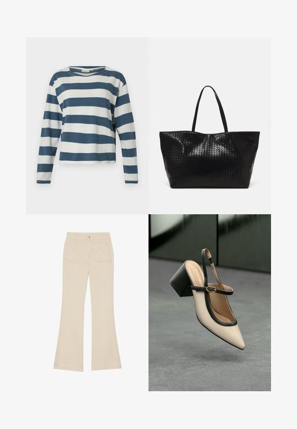 TOM TAILOR DENIM STRIPED WITH BUTTONS - Maglietta a manica lunga - dusty blue/white; Pantaloni beige a zampa d'elefante con vita alta, realizzati in tessuto di cotone. Presentano tasche frontali e posteriori, passanti per cintura e un singolo bottone argentato.; Scarpa beige con punta a stivale, con rifiniture nere, fibbia dorata e tacco a blocco spesso su un pavimento grigio con sfondo verde scuro.; Borsa tote nera intrecciata con due manici robusti, caratterizzata da una texture lucida e un ampio design a apertura aperta.