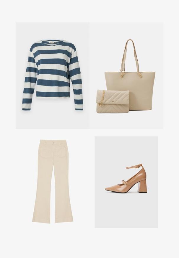 TOM TAILOR DENIM STRIPED WITH BUTTONS - T-shirt à manches longues - dusty blue/white; Pantalons évasés beiges à taille haute, en tissu de coton. Dotés de poches avant et arrière, de passants de ceinture et d'un unique bouton en métal argenté.; Chaussures à talons hauts en cuir verni beige avec un bout pointu, une bride de cheville et un talon carré épais. Texture lisse avec une finition brillante.; Sac fourre-tout beige avec des poignées plates, texture lisse et métal doré, accompagné d'une pochette matelassée assortie avec une chaîne.