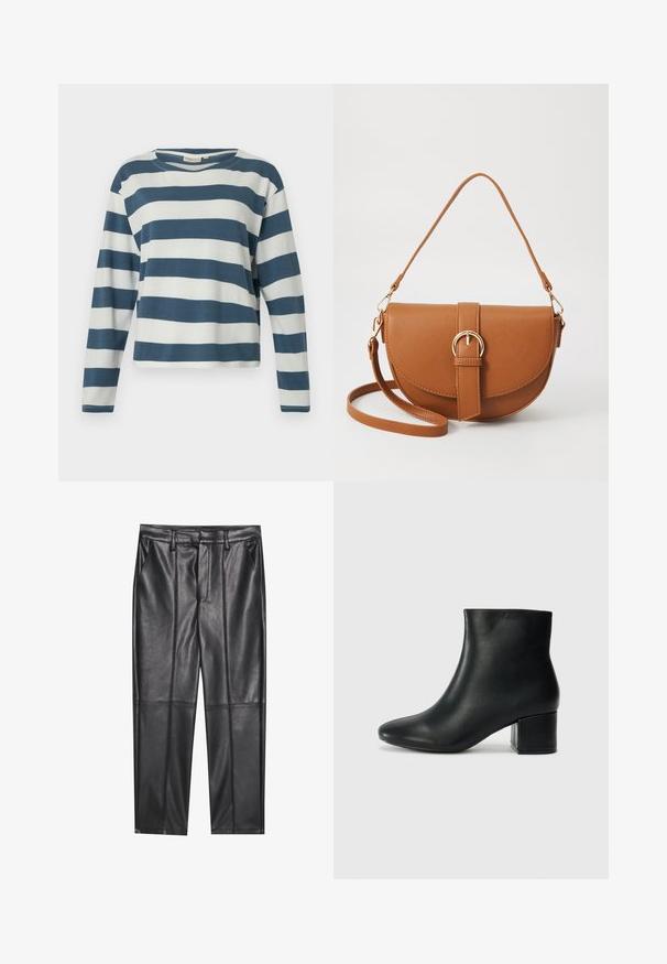 TOM TAILOR DENIM STRIPED WITH BUTTONS - Maglietta a manica lunga - dusty blue/white; Pantaloni in pelle nera con una texture liscia, caratterizzati da un fit dritto, due tasche frontali e dettagli delle cuciture in evidenza.; Stivali neri in pelle fino alla caviglia con punta appuntita e tacco spesso. Texture liscia con minimi dettagli e un design elegante e aderente.; Borsa a tracolla in pelle marrone con forma curvata, hardware dorato e un dettaglio con fibbia. Presenta una tracolla rimovibile.