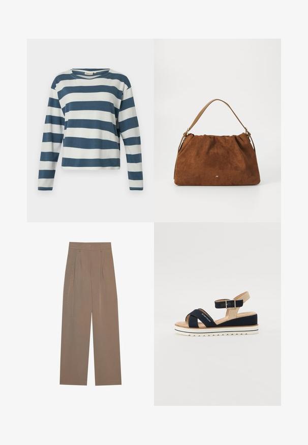 TOM TAILOR DENIM STRIPED WITH BUTTONS - Long sleeved top - dusty blue/white; Brown pleated trousers with a wide-leg design, featuring a flat waistband and side pockets, made from a lightweight fabric.; Navy blue sandal with two fabric straps, adjustable ankle strap, and textured beige back. Thick, white, scalloped sole. Brand printed on strap.; Brown suede handbag with a gathered design, featuring a single tan leather strap and a subtle gold logo detail on the front.