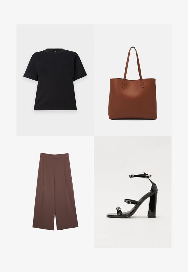 Sort kortærmet t-shirt lavet af bomuld. Har en rund halsudskæring, en afslappet pasform og et simpelt design uden mønstre eller detaljer.; Brune bredbunde bukser med en glat tekstur, der har høj talje og plisseringer foran. Stoffet er let og falder løst.; Sorte patenterede hælsandaler med firkantet tå, ankelremme og sølvspænder. Har en chunky blokHæl for stabilitet.; Brun læder tote taske med en glat overflade, åben topdesign og to skulderremme. Har minimal syning og ingen synlig hardware.