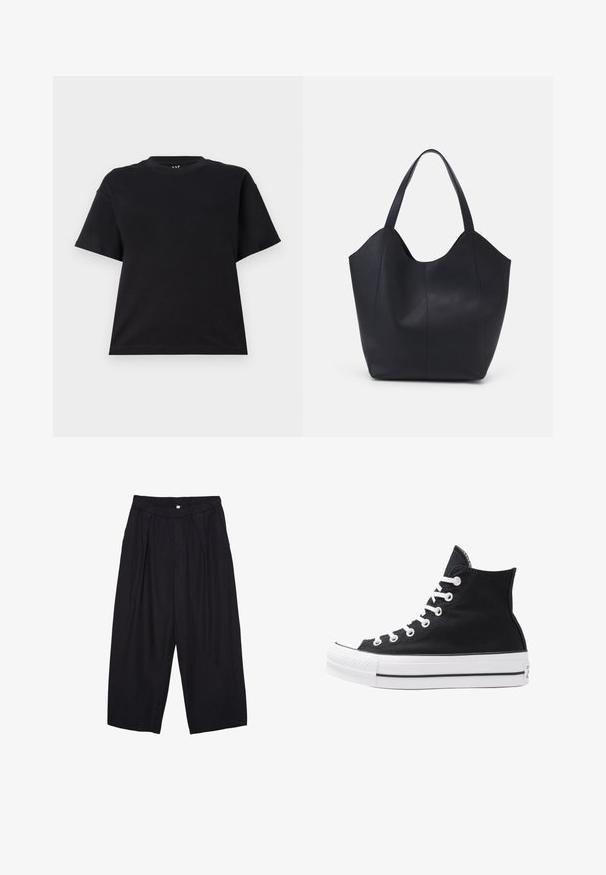 Black short-sleeve t-shirt made of cotton. Features a round neckline, a relaxed fit, and a simple design without patterns or accents.; Black polyester culotte pants with an elastic waistband, two front pleats, and a loose silhouette. No visible patterns or hardware details.; High-top black canvas sneaker with white eyelets, laces, and rubber sole. Features a textured toe cap and black and white stripe accents.; Black tote bag made of smooth leather, featuring a curved, open top with two shoulder straps and a minimalist design.