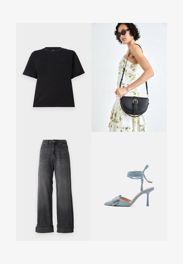 Juodas trumpas rankovėmis marškinėlis, pagamintas iš medvilnės. Turi apvalią iškirptę, laisvą siluetą ir paprastą dizainą be raštų ar akcentų.; Plonos kojų džinsai tamsiai pilkame džinsiniame audinyje, turintys aukštą juosmenį, penkias kišenes ir sukamuosius kraštus papildomam akcentui. Lygus tekstūra su subtiliais blukimais.; Šviesiai mėlynos audinio aukštakulnės bateliai su smailiu galiuku ir tekstūruotu paviršiumi, su dekoratyviniu kaspinėliu ir kulkšnies juostele, užtikrinančia tvirtą prigludimą.; Juodas odinis krepšys su išlenkta forma, nuimamu dirželiu ir auksiniais detalėmis. Krepšys turi kilpą su sagtimi.