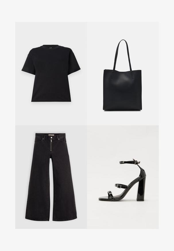 Mustat lyhythihaiset T-paidat, jotka on valmistettu puuvillasta. Ominaisuuksiin kuuluu pyöreä kaula-aukko, rento leikkaus ja yksinkertainen muotoilu ilman kuvioita tai yksityiskohtia.; Mustat leveälahkeiset farkut, joissa on vetoketjufrunti, viisi-taskuinen muotoilu ja hienovaraiset ompelusyyt. Sileä pinta ja rento tyyli.; Musta kiiltävä korkokenkä sandaalit neliönmuotoisella varpaalla, nilkkaremmillä ja hopeisilla soljilla. Varustettu tukevalla lohkokorkealla vakauden takaamiseksi.; Mustapahkainen kangaskassi, jossa on sileä pinta, suorakaiteen muotoinen ja kaksi pitkää kahvaa. Ei näkyvää metalliosaa tai koristeita.