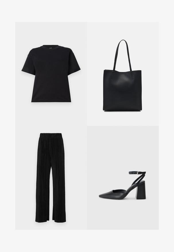 Černé tričko s krátkým rukávem vyrobené z bavlny. Má kulatý výstřih, pohodlný střih a jednoduchý design bez vzorů nebo akcentů.; Černé plisované kalhoty s elastickým pasem. Mají široké nohavice a hladkou, strukturovanou tkaninu s vertikálními pruhy.; Černé kožené lodičky se špičatou špičkou, kotníkovým páskem a silným podpatkem. Hladká textura, elegantní design a minimalistická estetika.; Černá kožená taška přes rameno s hladkým povrchem, obdélníkovým tvarem a dvěma dlouhými uchy. Žádné viditelné kování ani ozdoby.