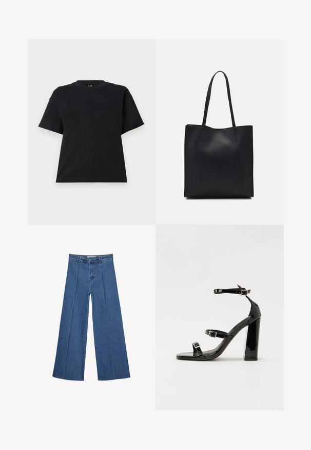 Schwarzes T-Shirt mit kurzen Ärmeln aus Baumwolle. Hat einen runden Halsausschnitt, einen lässigen Schnitt und ein schlichtes Design ohne Muster oder Akzente.; Weite Jeans aus Denim in Mittelblau, mit hoher Taille, Knopfverschluss und kontrastierenden vertikalen Nahtdetails an der Vorderseite.; Schwarze patentierte Sandalen mit Absatz, quadratischer Spitze, Knöchelriemen und silbernen Schnallen. Mit einem stabilen Blockabsatz für mehr Stabilität.; Schwarze Laptoptasche aus Leder mit glatter Textur, rechteckiger Form und zwei langen Griffen. Keine sichtbaren Beschläge oder Verzierungen.
