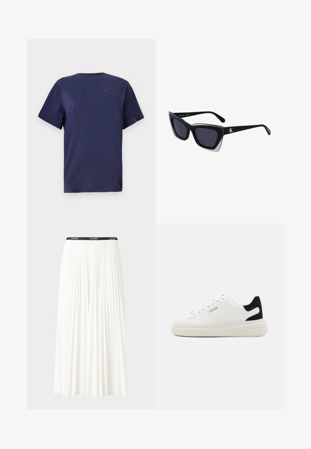 Navy blue short-sleeve T-shirt made from soft cotton with a round neckline and embossed logo detail on the left chest.; Pleated white skirt with a black elastic waistband featuring the "LACOSTE" logo. Mid-length design with soft texture.; White leather sneakers with a thick white sole, black suede heel accent, and embossed logo on the side. Laced design with six eyelets.; Black oversized sunglasses with a geometric shape, featuring dark lenses and a contrasting grey detail on the frame. Logo on the arm.