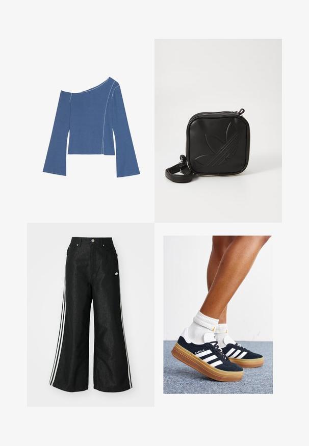 Even&Odd Long sleeved top - dark denim; Black wide-leg denim pants with three white stripe accents on each side and a small white logo. Features front pockets and a button closure.; Black suede sneakers with white stripes and accents, rounded toe, gum rubber outsole, paired with white ribbed crew socks.; Black square crossbody bag made of textured synthetic material. Features an embossed logo design and adjustable strap. Zipper closure.