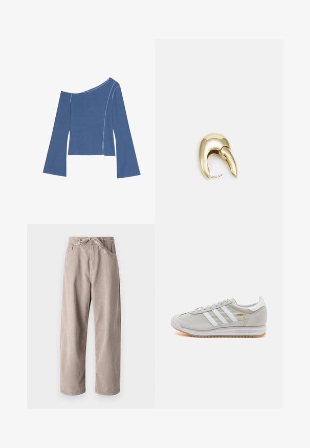 Even&Odd - Bluzka z długim rękawem; Beżowe spodnie w chód kordurowym o luźnym kroju, z elastycznym ściągaczem w pasie, dwoma przednimi kieszeniami i pionowym prążkowanym wzorem.; Jasnoszare sneakersy wykonane z zamszu i siateczki, z trzema białymi paskami, okrągłym noskiem i gumową podeszwą. Złoty akcent logo w pobliżu sznurowadeł.; Złote metalowe kolczyki o eleganckim, zakrzywionym kształcie. Posiadają charakterystyczny szpiczasty kształt, polerowaną powierzchnię oraz zapięcie na zawias.