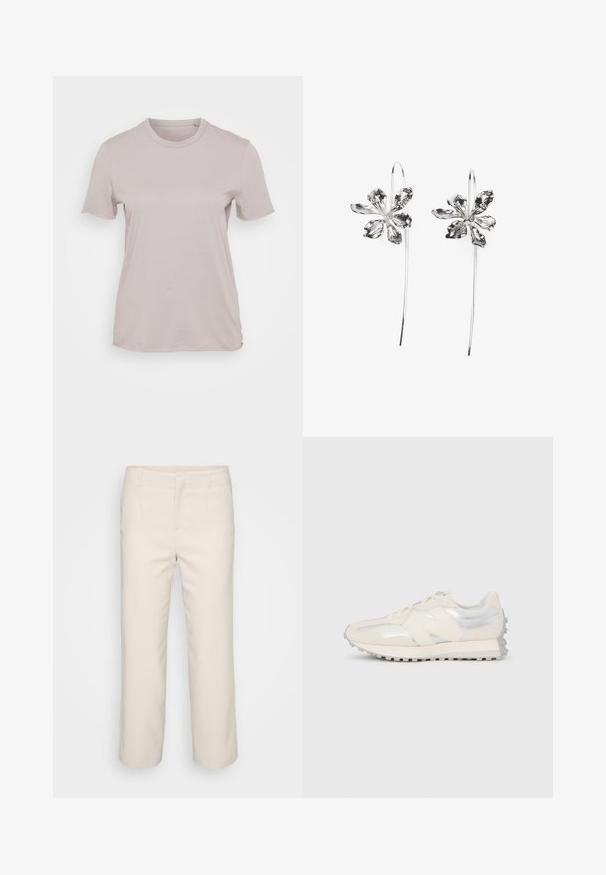 Jasnobeżowa, krótkosleeve, bawełniana koszulka z okrągłym dekoltem i luźnym krojem, o gładkiej fakturze i bez widocznych wzorów.; Beżowe, dopasowane spodnie o prostym kroju, z gładkim przodem i dwoma bocznymi kieszeniami. Wykonane z gładkiego materiału o czystym wykończeniu.; Niski kremowo-srebrny trampki ze sznurówkami i teksturowaną podeszwą, widziane z boku na jednolitym białym tle.; Srebrne kolczyki w kształcie kwiatu z teksturowanym wykończeniem, z długimi haczykami i detalami przypominającymi płatki dla stworzenia skomplikowanego wzoru.