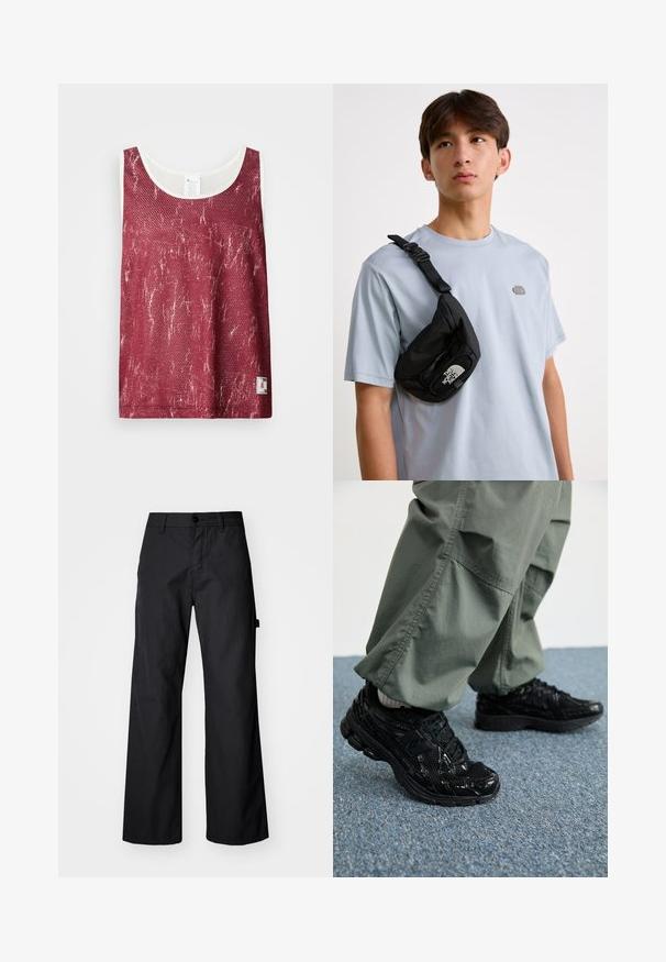 Camiseta sin mangas de malla roja con un patrón ligeramente desgastado y desvaído. Presenta un ribete blanco alrededor del escote y las sisas, y una pequeña etiqueta con el logo en la parte inferior.; Pantalones anchos, negros, fabricados con un tejido durable. Cierre de botón y bolsillos laterales. Textura suave con un diseño limpio.; Zapatillas deportivas negras con texturas brillantes y de malla, que presentan una suela gruesa y cordones, combinadas con pantalones cargo holgados de color verde oliva.; Bolso cruzado negro de nailon con correa ajustable, que presenta un prominente logo blanco. Llevado sobre una camiseta de color azul claro. Diseño simple y funcional.